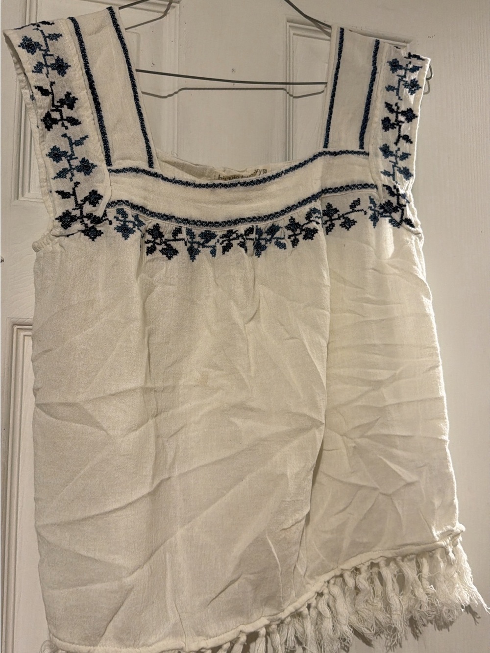 hippie laundry Cream Embroidered Boho Fringe Tank Top